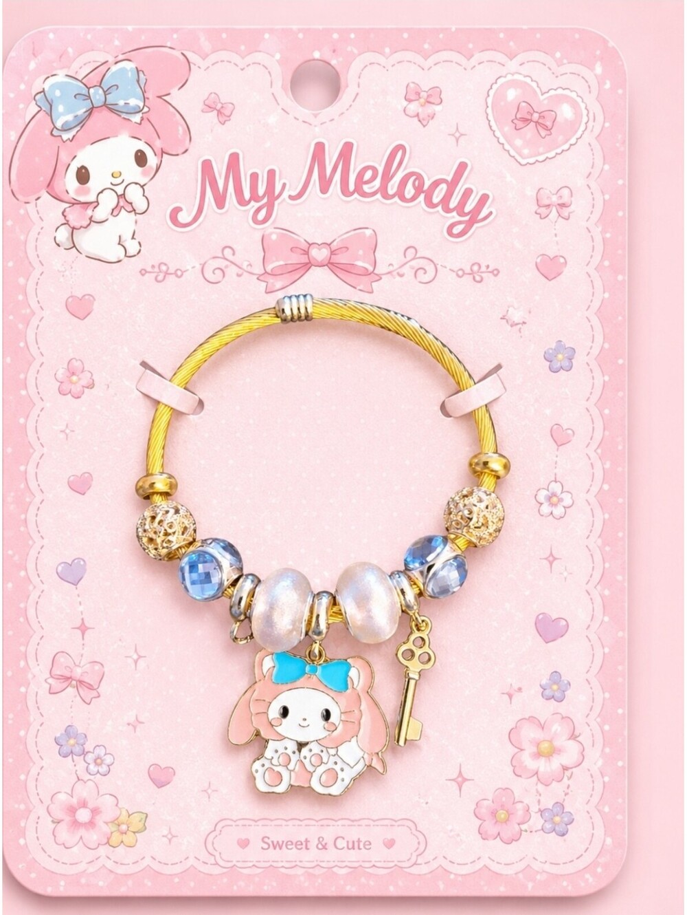 Kawaii Sanrio Hello Kitty My Melody Gold Crystal Bead Charm Bracelet